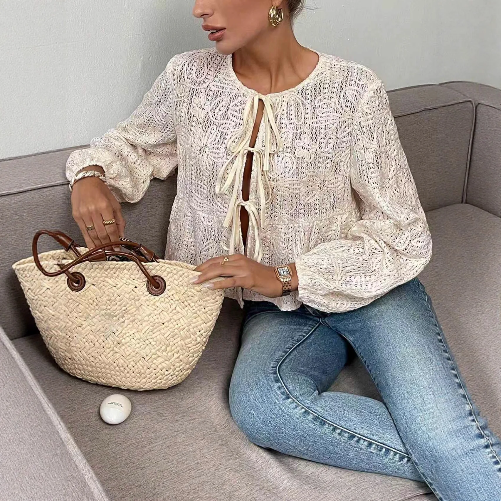 

2026 New Women's Personalized Bow Strap Cardigan Long-sleeved Shirt