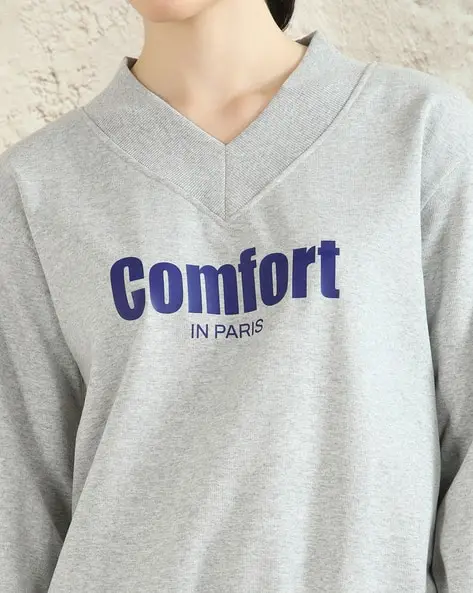 Women V Neck Sweatshirt Comfort In Paris Letter Print Long Sleeve Pullover Casual Loose Fit Streetwear Ladies Basic Sweat Tops