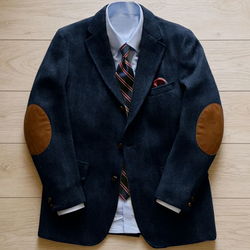 

Men's Vintage Herringbone Tweed Blazer With Elbow Patch Notch Lapel Suit Jacket Casual Slim Fit Flap Pockets Coats Plus Size
