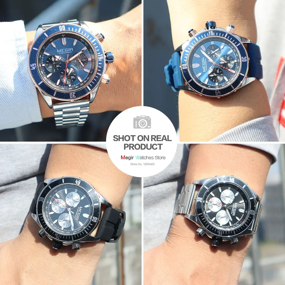 MEGIR Navy Blue Sport Watch for Men Fashion Waterproof Silicone Strap Chronograph Wristwatch with Luminous Hands Auto Date 2226