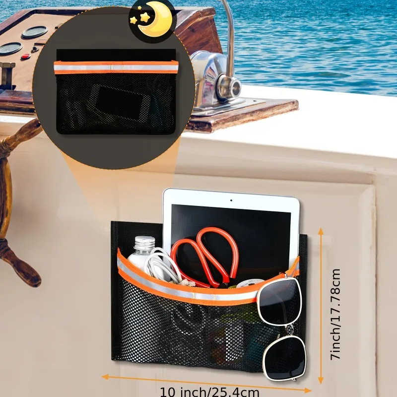 Marine Boat Mesh Storage Organizer Bag with Reflective Strips Gear Pouch with Suction Cups for Kayak Canoe Yacht Fishing Boat