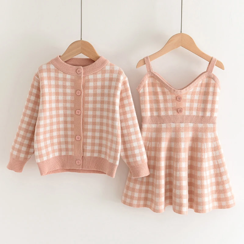 

2025 Baby girl autumn and winter clothing Children's Knitting Set New Plaid Knitting Coat + Strap Dress Fashion Two Piece Set