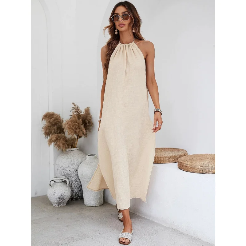 100% Cotton Gauze Womens Dresses Sexy Halter Sleeveless Backless Bandage Tie Up Holiday faddish Boho Dress