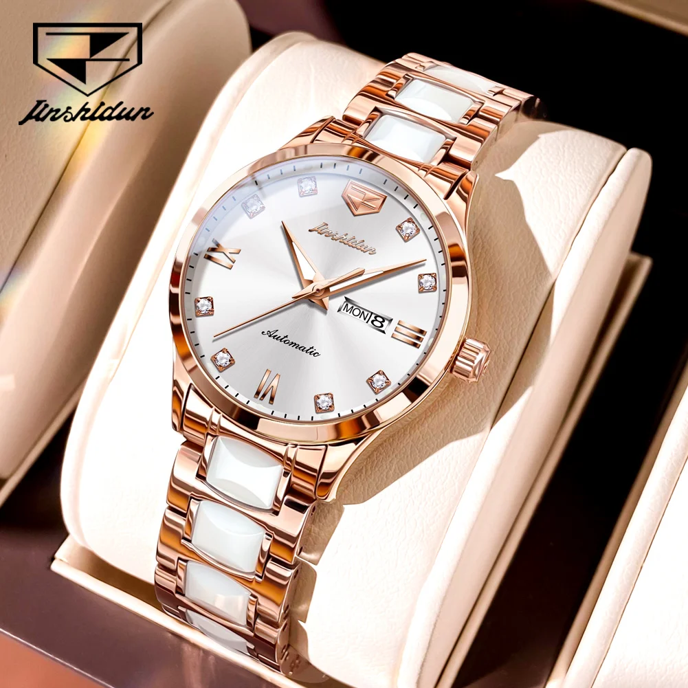 JSDUN Women's Watches Luxury Elegant Ceramic Strap Original Automatic Mechanical Wristwatch Waterproof Luminous Date Week 8947