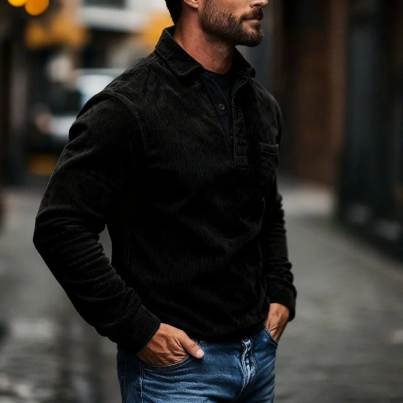 

Mens Fall Winter Retro Corduroy Shirt Long Sleeve Solid Color Button Casual Top