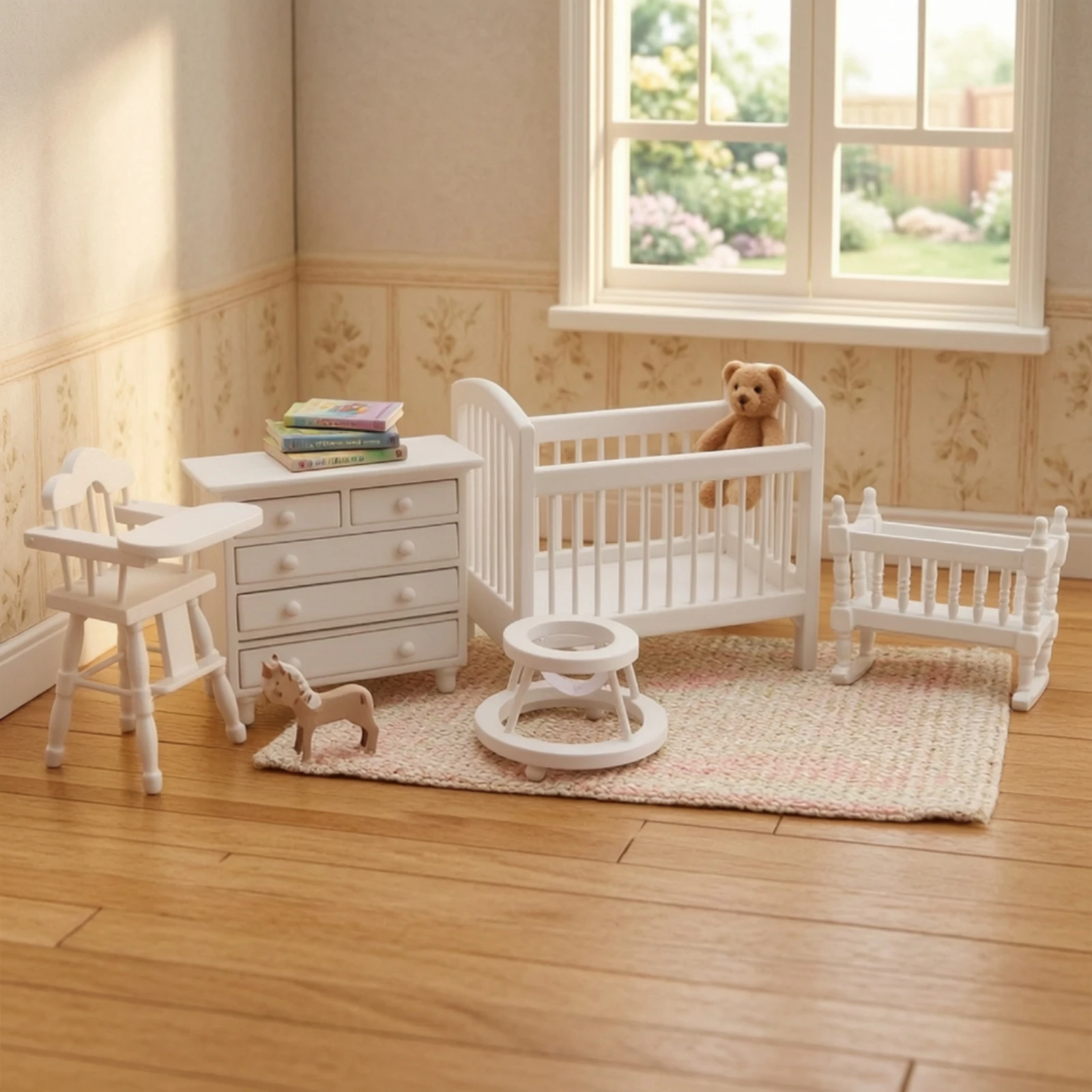 5 Pieces Dollhouse Nursery Set Miniature Crib Closet Detailed Toy Cute for Collectors view 6