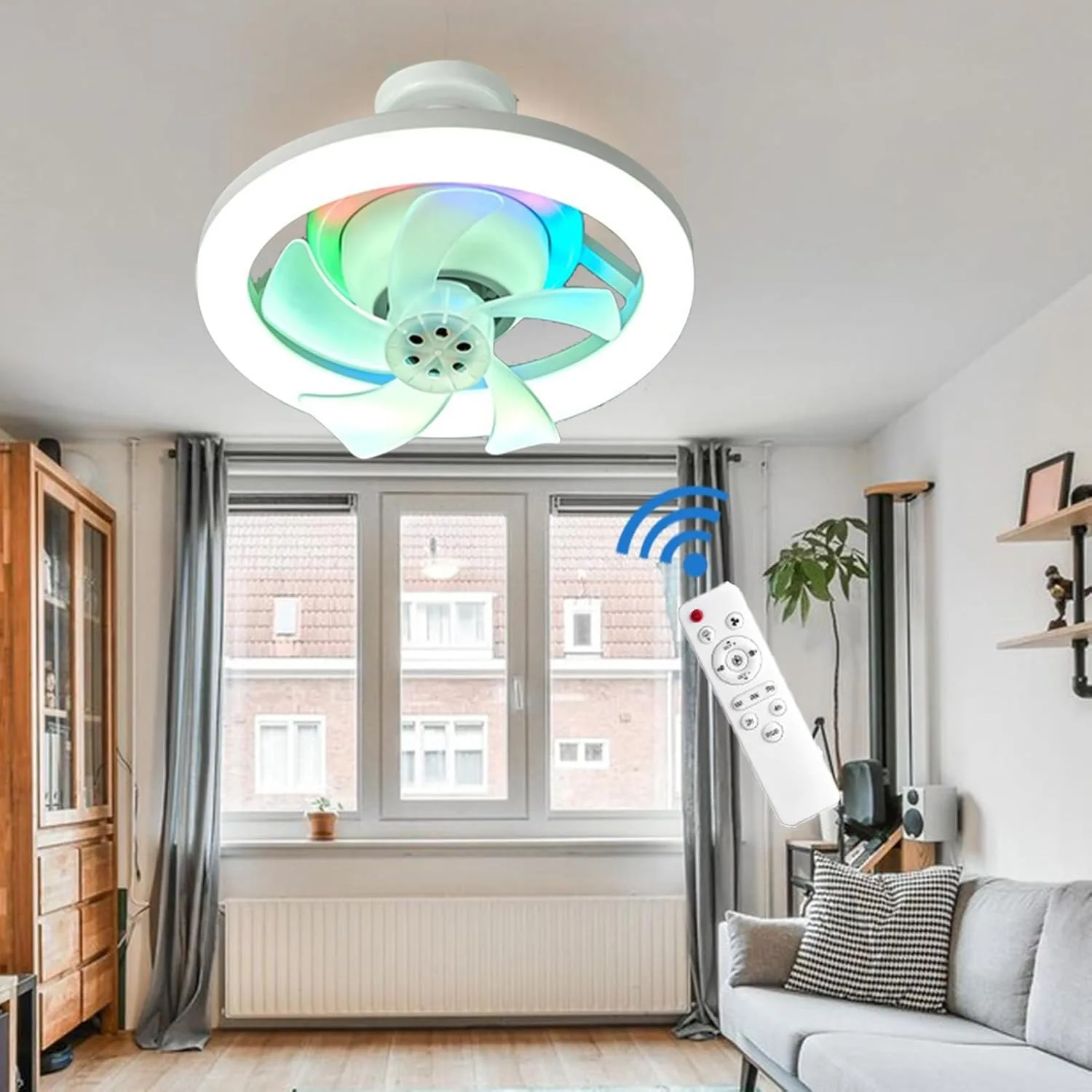 

Shaking RGB Ceiling Fan Lights E27 Socket Noiseless Fan Light with Remote Control Ceiling Fan Lamp for Home Living Room Bedroom