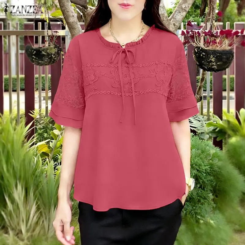 

2026 ZANZEA Summer Embroidered Floral Blouse Women Tops Elegant Lace -Up Holiday Shirt Short Sleeve Work BlousesHollow Out Mujer
