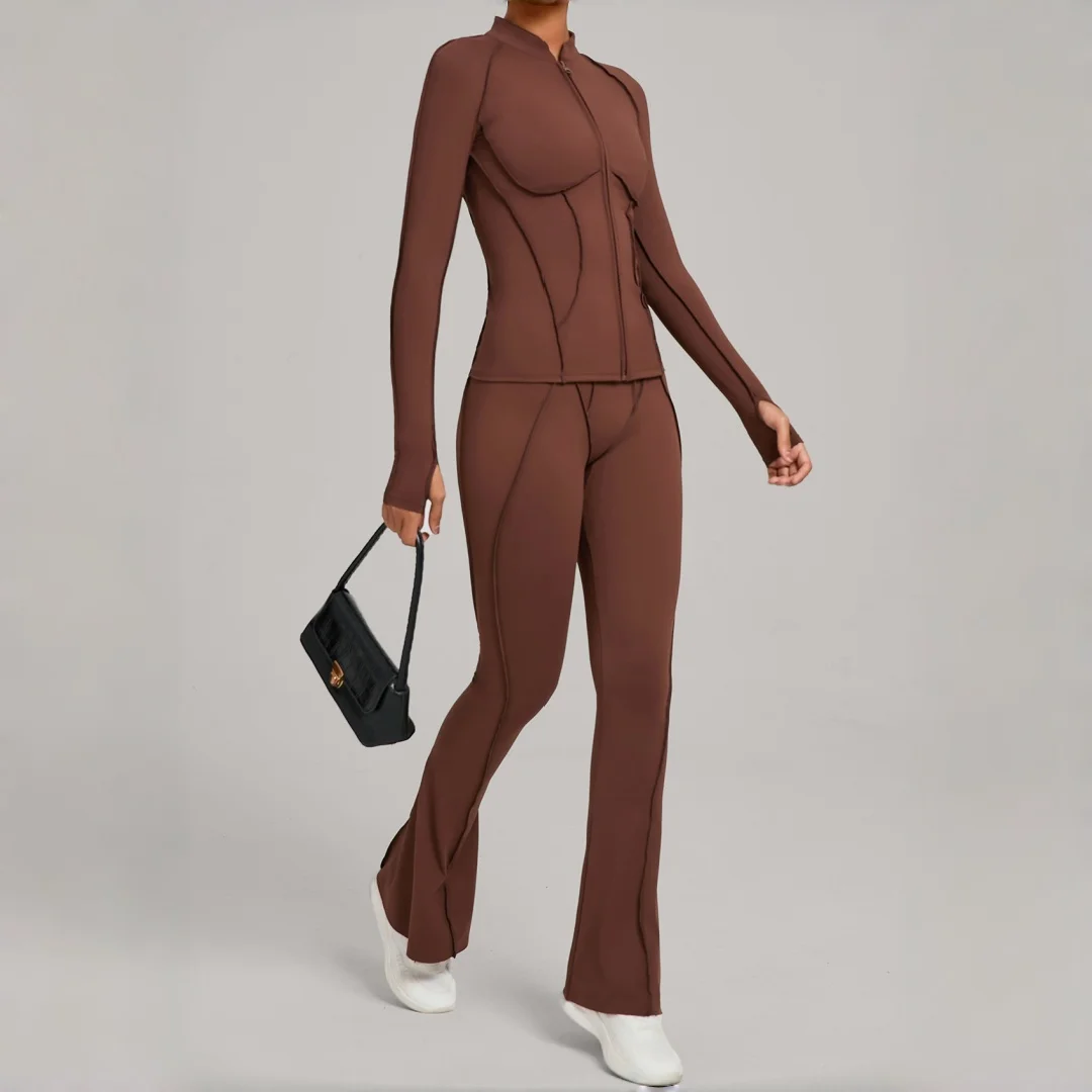 

Женский матовый осенне-зимний комплект для йоги на молнии, пальто с длинными рукавами, спортивные штаны с высокой талией, комплект из двух предметов, спортивная одежда для бега, фитнеса