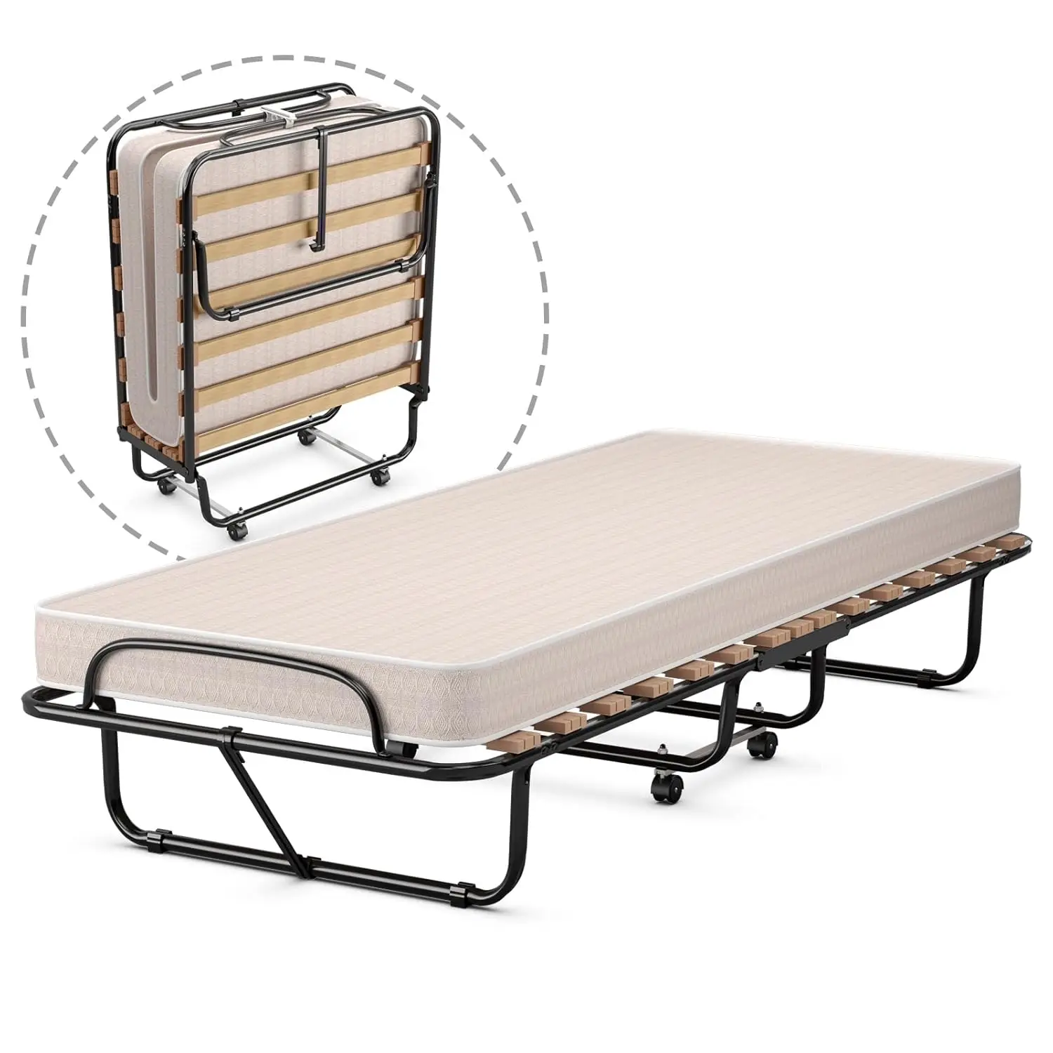 Folding Bed With Memory Foam Mattress Fold Out Cot Size Rollaway Guest Bed With Sturdy Metal Wood Frame, 75 X 31.5, Customized