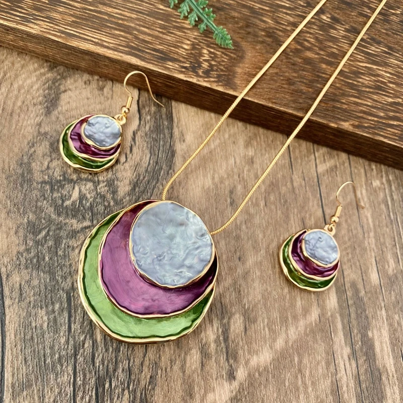 2024 Enamel Round Jewelry Sets Women\'s New Fashion Geometric Earrings and Necklaces Set Party Accessories for Mother\'s Day Gift