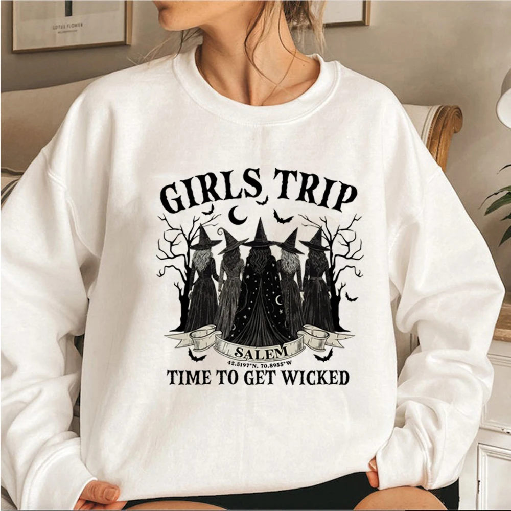 Vintage Girls Trip Salem Sweatshirt Halloween Witch Hoodie Women Crewneck Sweatshirt Salem Witch Hoodie Spooky Season Pullovers
