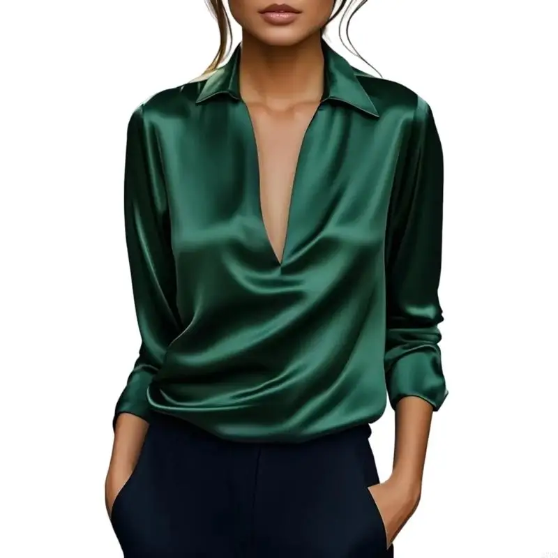 

Women's loose long-sleeved satin pleated neckline top