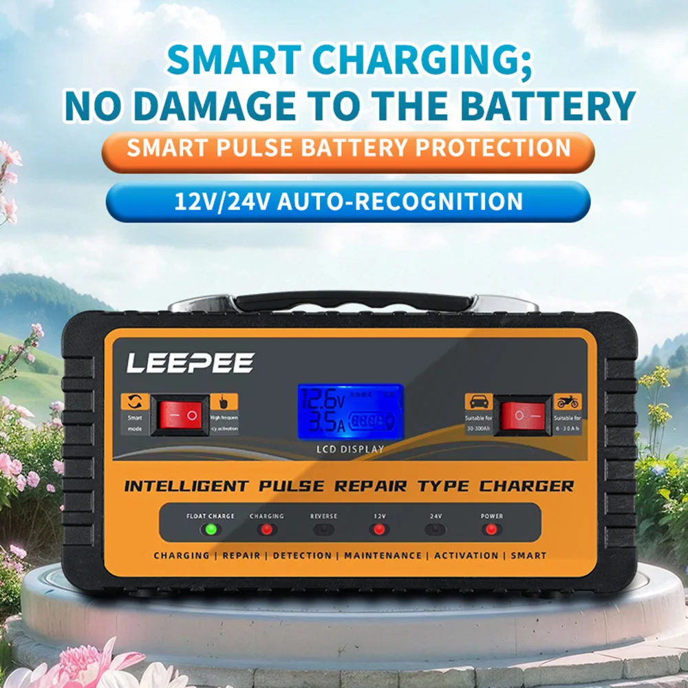 

Автомобильное умное зарядное устройство 12 В 24 В 300 Ач Интеллектуальный импульсный ремонт Цифровой ЖК-дисплей для автомобиля внедорожника Мотоцикл Грузовик Вилка европейского/американского стандарта