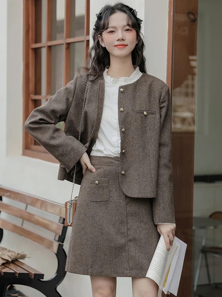 

UNXX Vintage Brown Slimming Chic Style Short Jacket + Skirt Fashionable Two-Piece Set for Women Female Office Lady High Quality