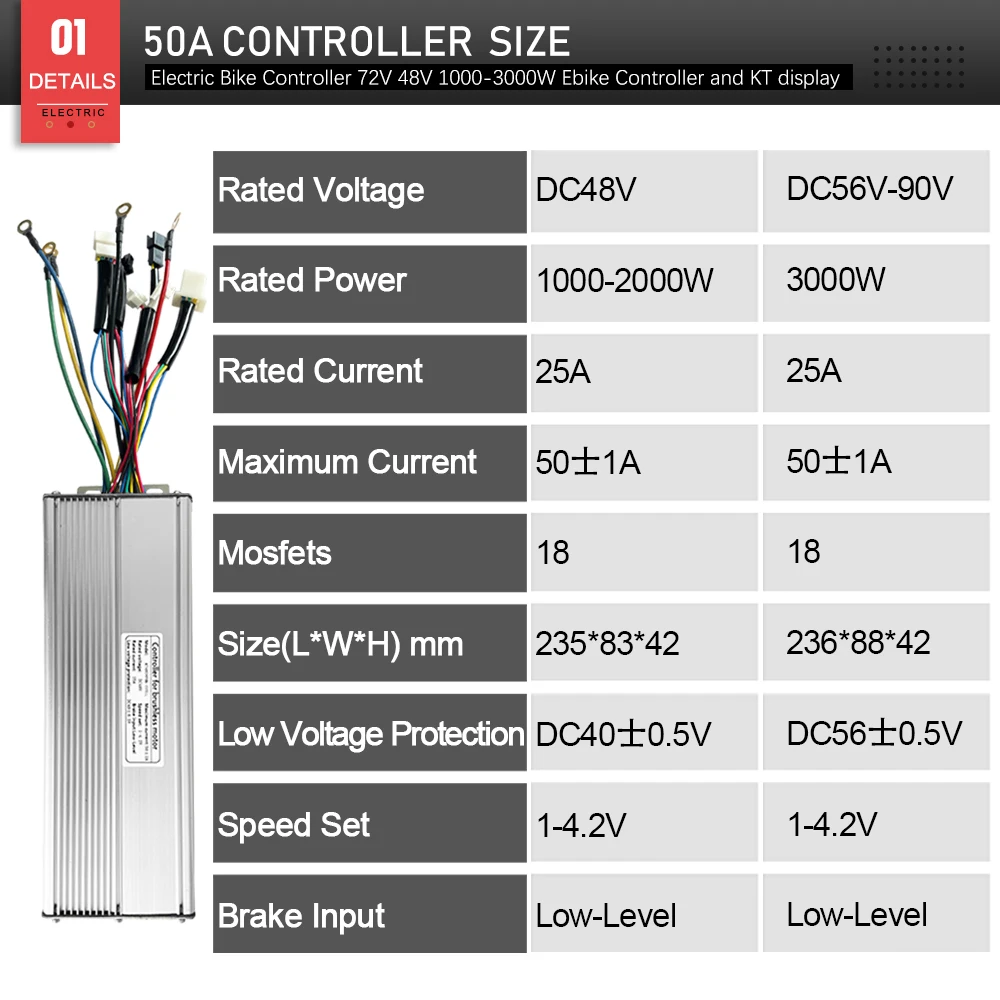 Ebike Sinewave Controller 48V/60V/72V/90V KT 50A with LCD LED Display Electric Bike Parts For Ebike Brushless 1000W-3000W Motor