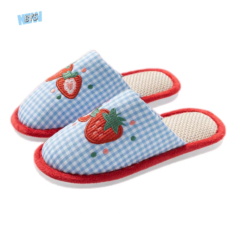 مريحة الفراولة منزل الكتان النعال المضادة للانزلاق الكتان الحلو النعال النساء شبكة شريط الفواكه شبشب منزل الفتيات #1