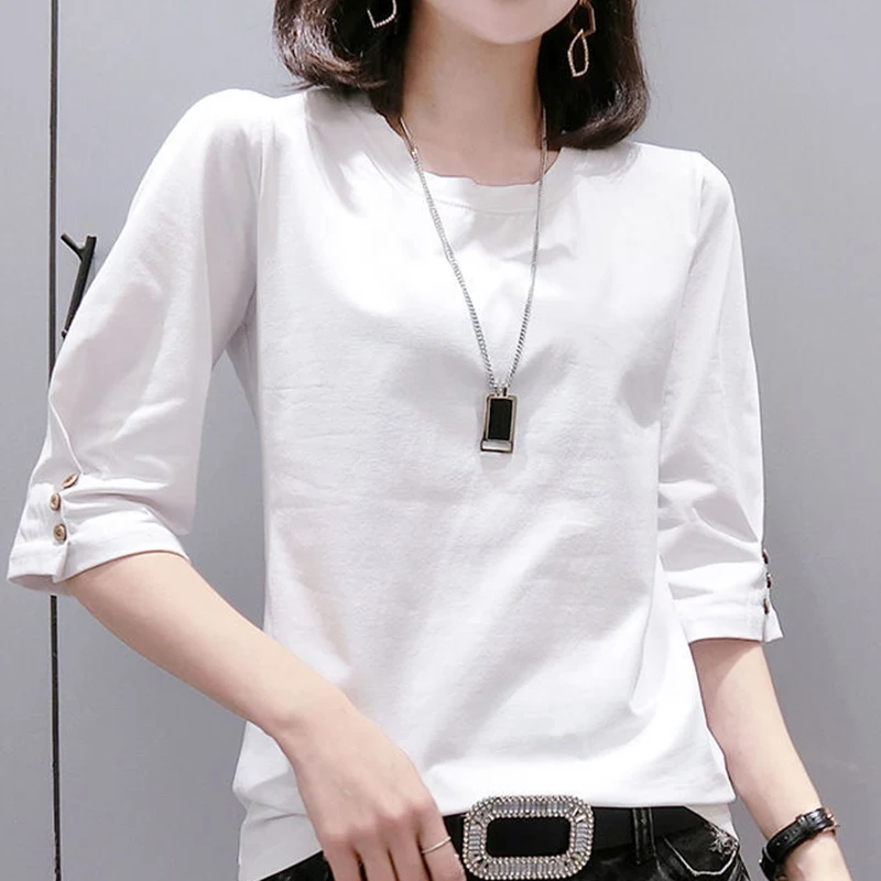 Spring Summer O Neck Simple Cotton Loose Casual Pullover Top Women Solid 3/4 Sleeve Buttons All Match T-shirt Female Tee Clothes