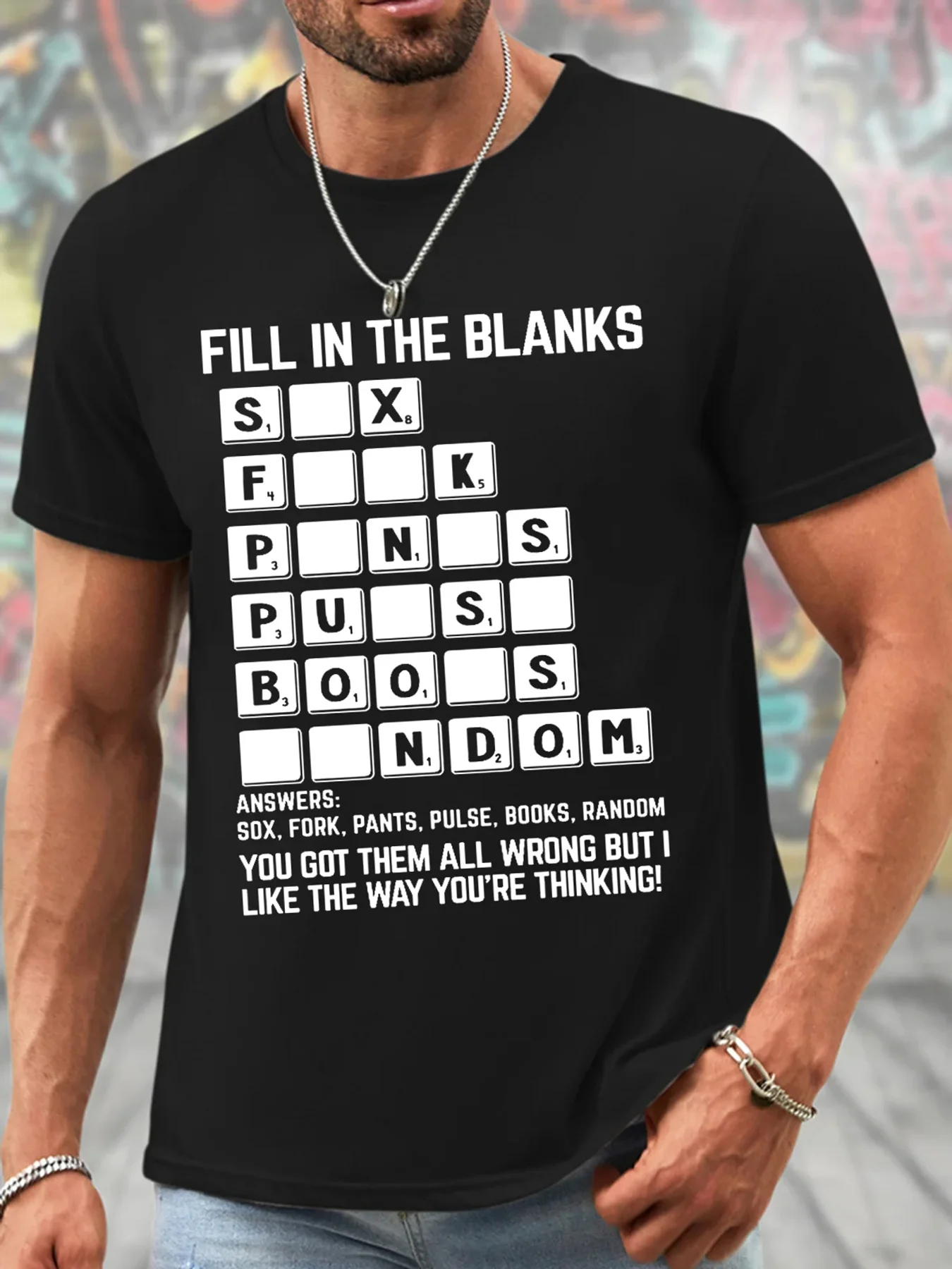 

[Polyester Fabric] Men's Summer Fashion Graphic Tee - "Fill in the Blanks" Puzzle Print, Casual Orange Polyester T-Shirt