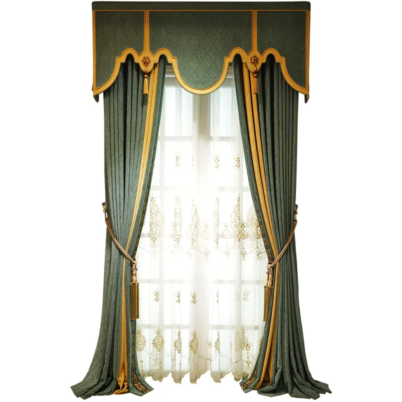 Custom curtain luxury high-grade European chenille green yellow window thick bedroom blackout curtain tulle valance drape M1549