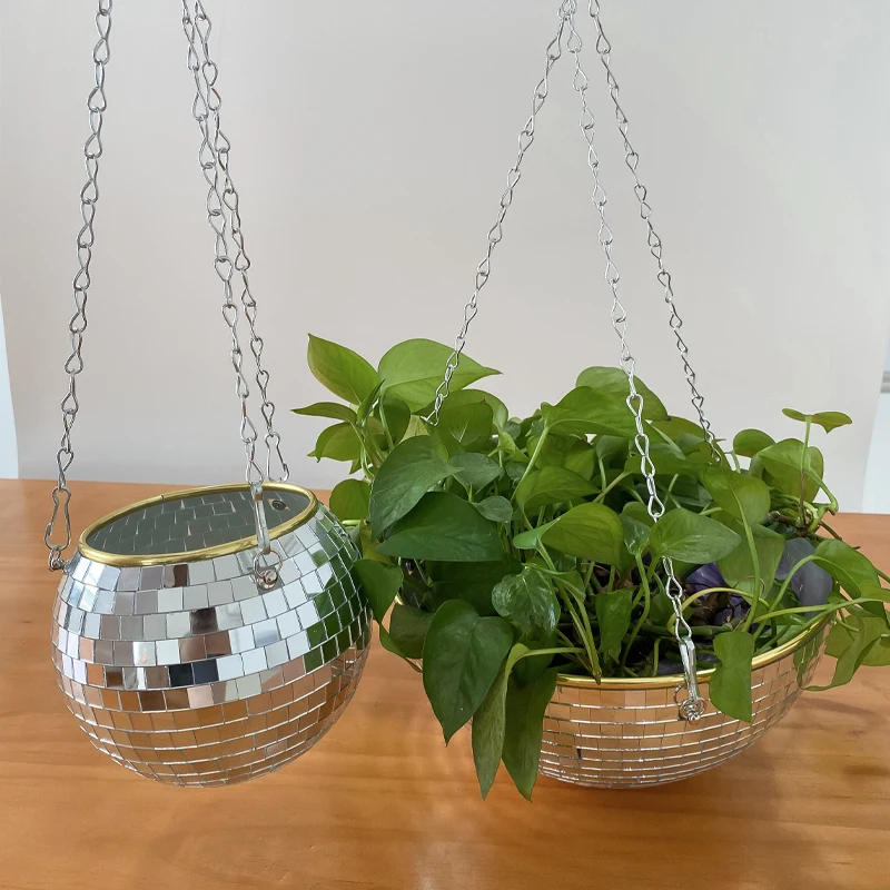Disco-Spiegelkugel Hängender Blumentopf Sukkulenten-Pflanzgefäß für Innen- und Gartenbereich Wanddekoration Vase mit Holzring-Kette – Detail 6