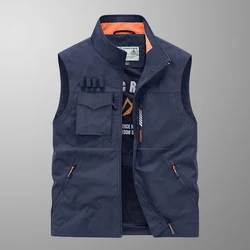 2024 men's vest, outdoor casual multi pocket fishing mesh vest, men's photography vest Four season universal stand collar