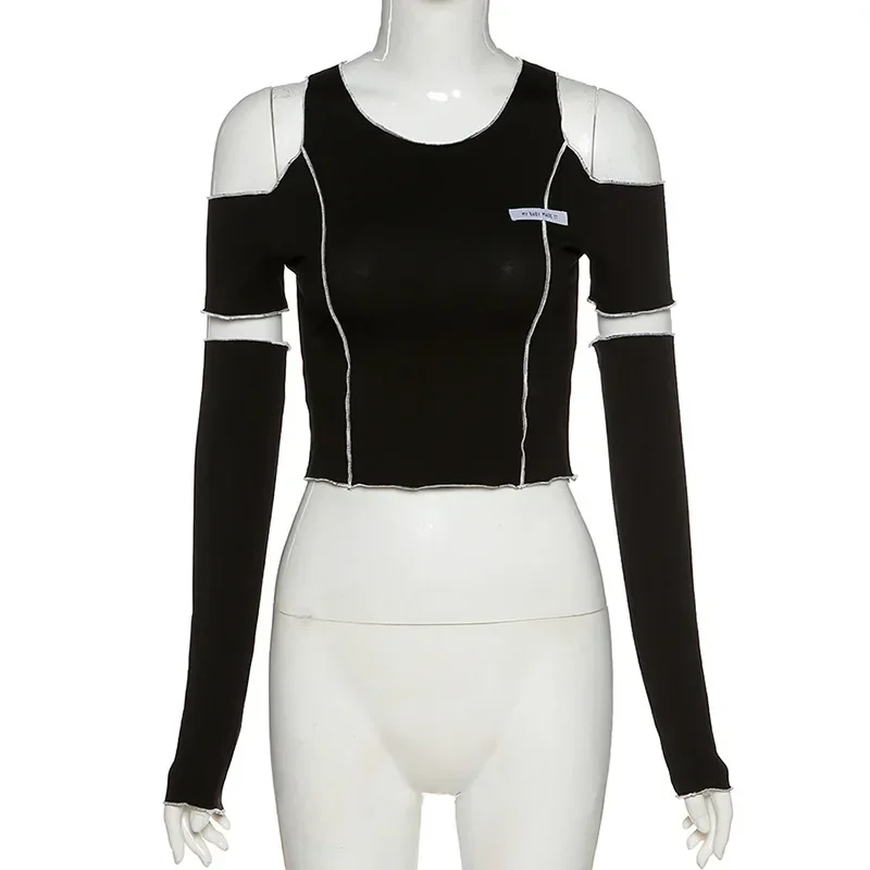 

2025 Patchwork Black T-shirts Gothic One Shoulder Sleeve Y2k Crop Tops Ruffles Hem Hip Hop Techwear Women Tees qwert