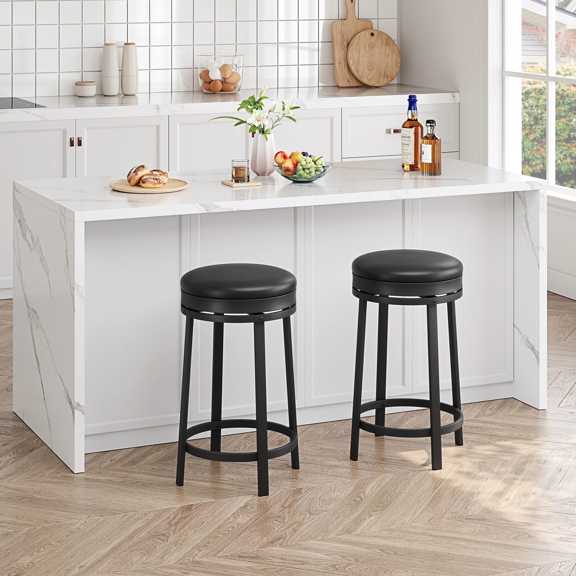 360° Swivel Counter Height Bar Stools, Set of 2 - 24 in Backless Round Seat, PU Leather Cushioned Upholstery, Metal Frame with Footrest for Kitchen Island/Home Bar - Brown/Black, Modern Counter Stools for Bistro & Cafe