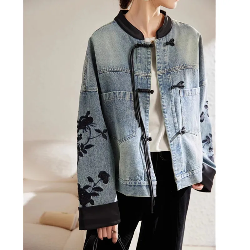 2025 New Vintage print Denim Jacket Women Spring Autumn fashion Long sleeve Jeans Short Coat female Loose Cowboy Outwear T167