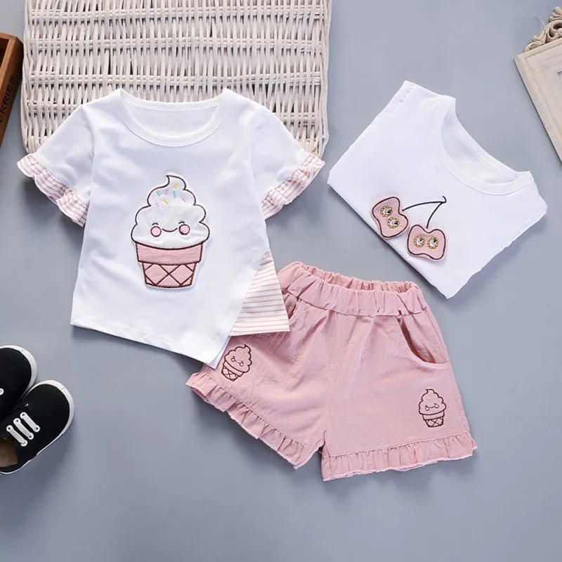 Summer Infant Baby Girls Clothes Cherry Suit Round Neck Fly Sleeves Sweet Cute Ice-cream Short Sleeve+Shorts Toddler Set Clothes