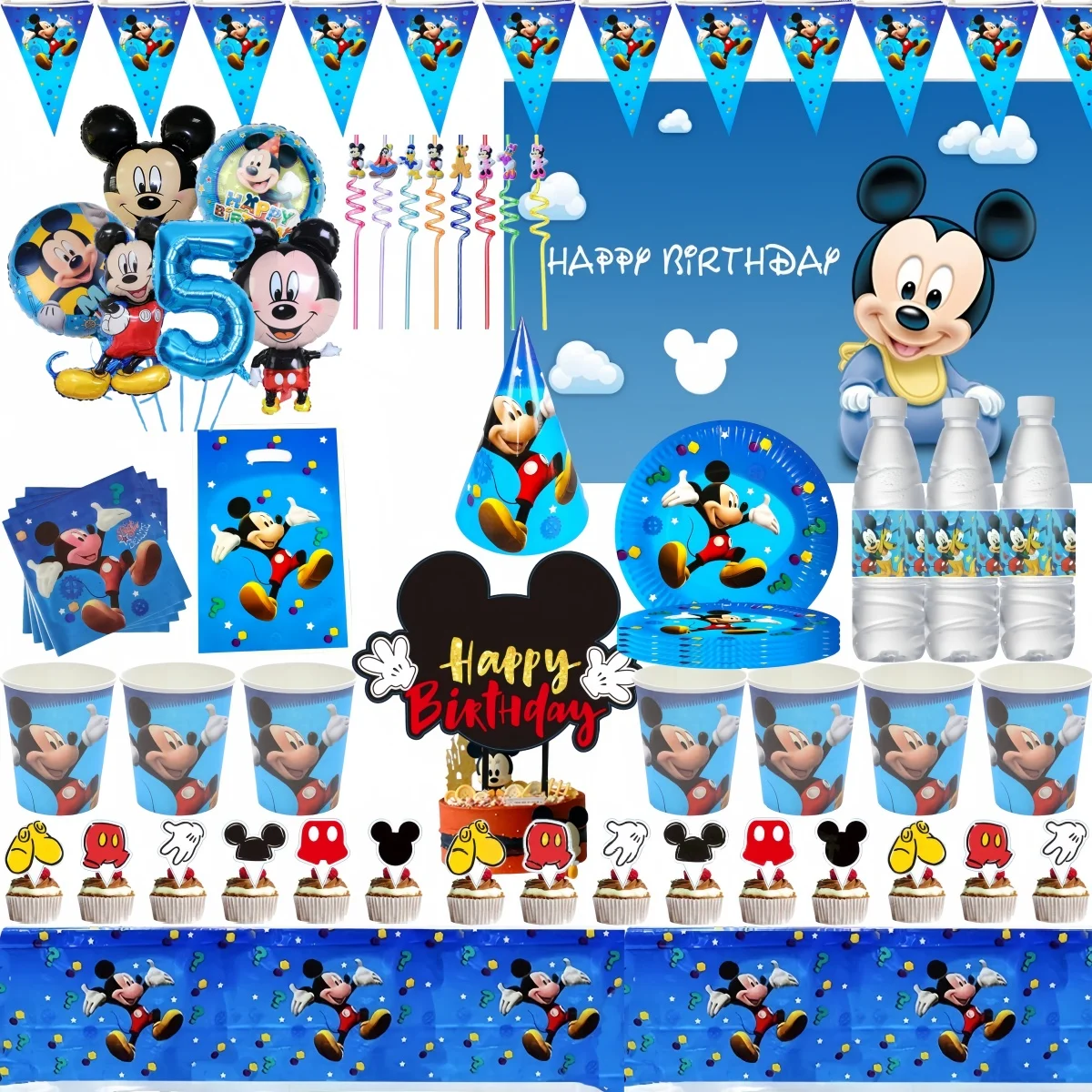 Mickey Mouse Birthday Decoration Mickey Mouse Cake Decor Tablecloth Plate Cup Balloon Baby Shower Kids Party Favors Supplies