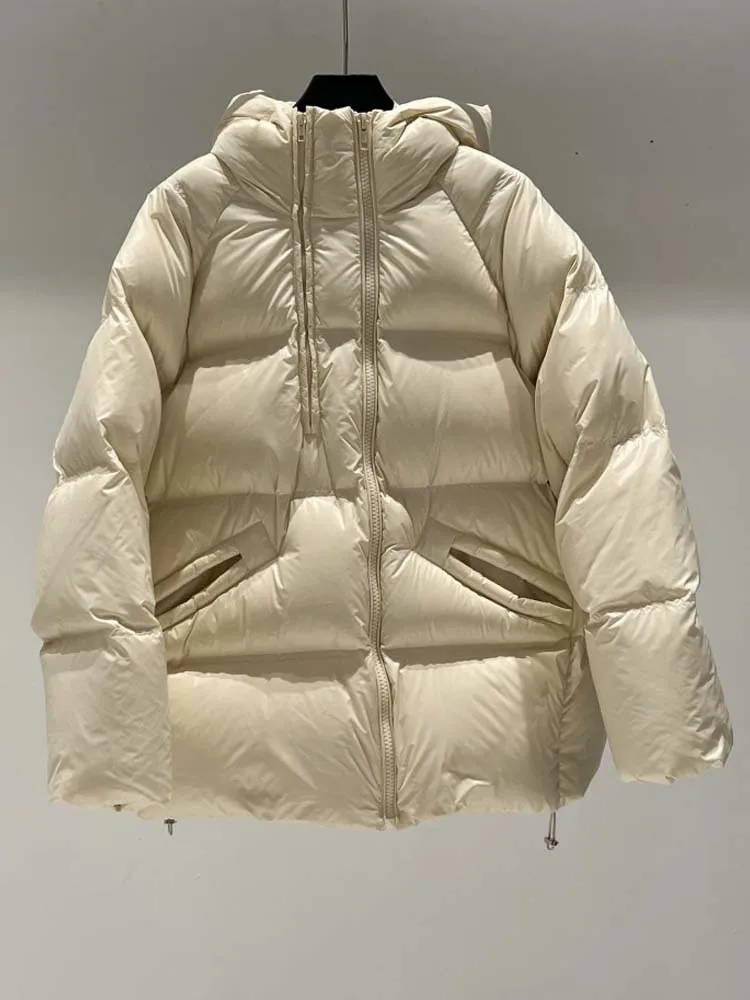 Piumino con cappuccio soffice di lusso Piumino oversize da donna con cerniera a maniche lunghe 2025 Capispalla invernale caldo Solid INKEO DJ090