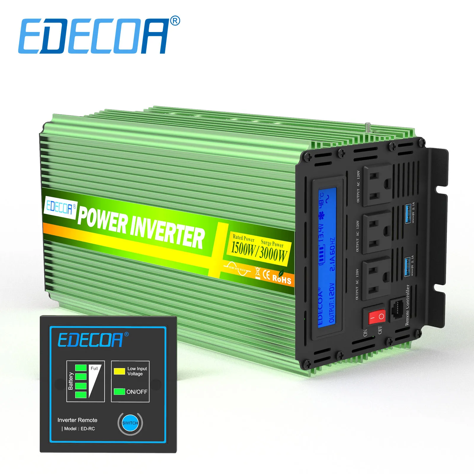 EDECOA 1500W DC 12V to AC 120V 110V 60Hz pure sine wave power inverter off grid solar converter car inverter USA outlet