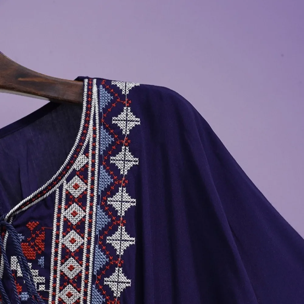 الحلو الدانتيل متابعة شرابة البوهيمي نمط تي شيرت التطريز جولة الرقبة قصيرة الأكمام تي شيرت فضفاض عالية الخصر العرقية نمط قمم الصيف #2