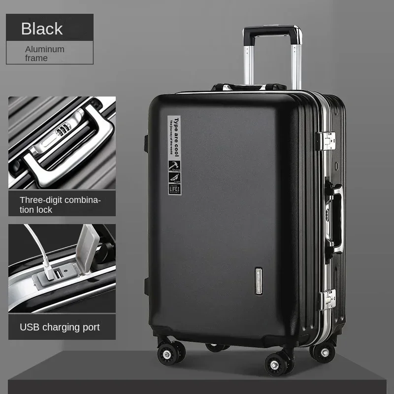 Aluminium Frame Suitcase on Wheels Business Carry-on Cabin Suitcase USB Port 28-inch Carrier Trolley Case Multiple Colors