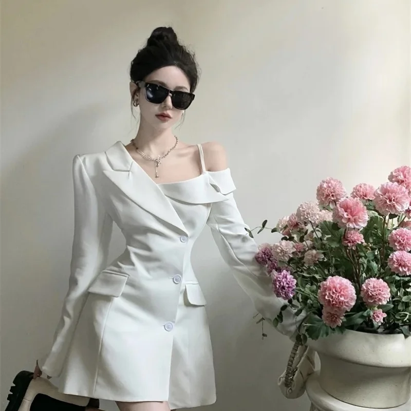 Chic coreano Fashion Dress donna elegante temperamento abiti con spalle scoperte primavera 2023 irregolare Slim Button Up Blazer Dress 2023