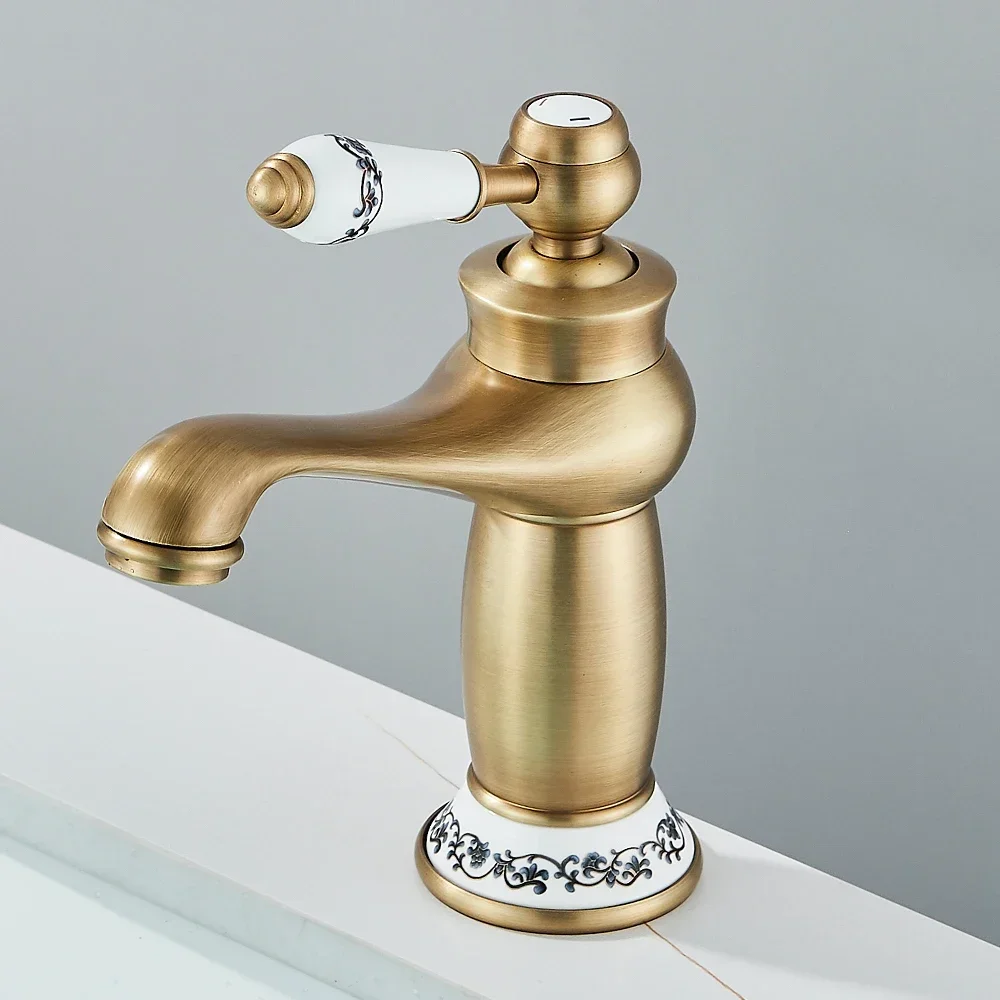 Quyanre Retro Antique Brass Basin Faucet Single Handle Mixer Tap Hot Cold Water Bathroom Sink Faucet