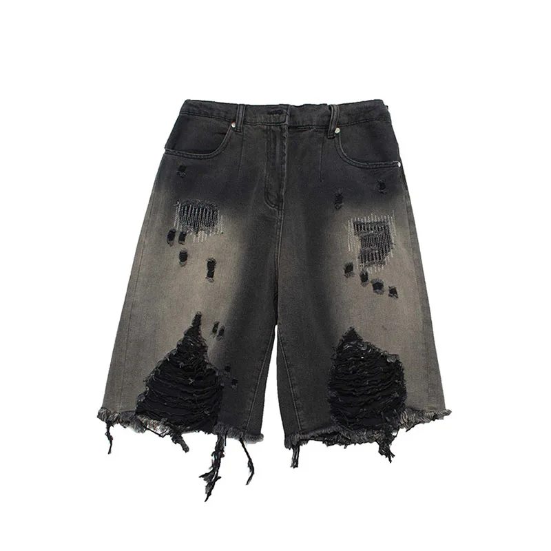 Zomer Dames Streetwear Vintage Gradiënt Jeans Shorts Amerikaanse Retro Hip Hop Gat brekend ontwerp Cowboy vijfkwart denim broek