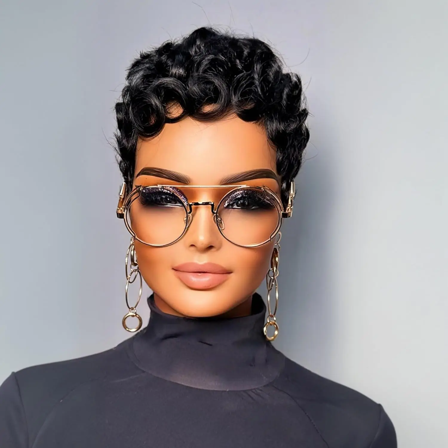 شعر بشري قصير الطبقات، شعر مستعار مجعد بالكامل مصنوع آليًا مع غرة، لون أسود طبيعي للاستخدام اليومي