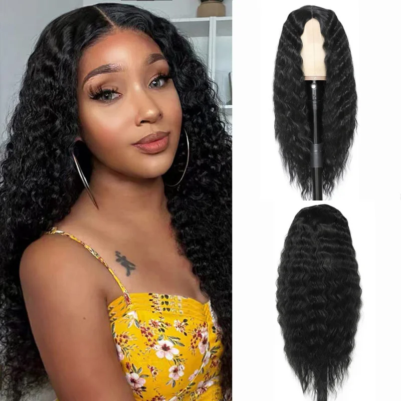 

European and American style deep small lace , women's black middle-parted water wave synthetic fiber wig
