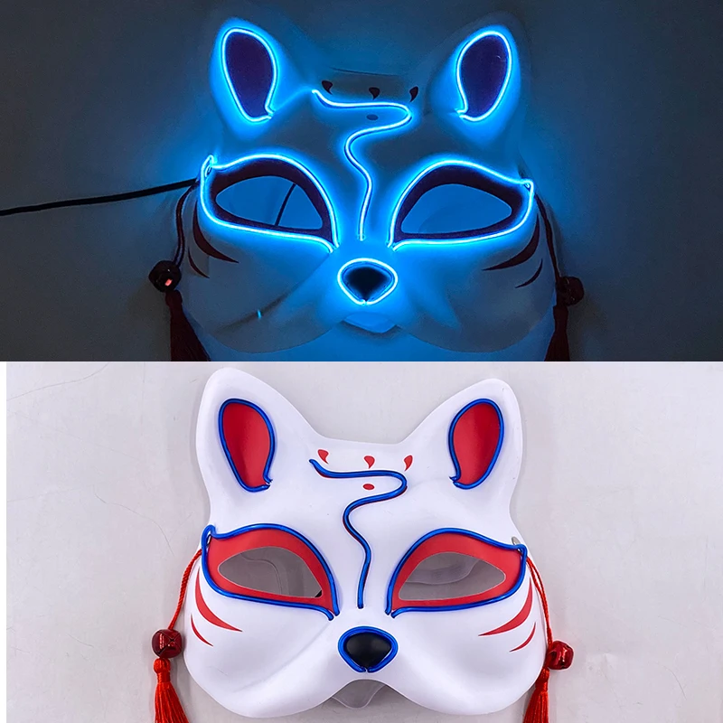 Japanese Fox Masks with Small Bell LED Light up Mask Anime Cat Fox Half Face Mask Halloween Rave Props Costume Cosplay