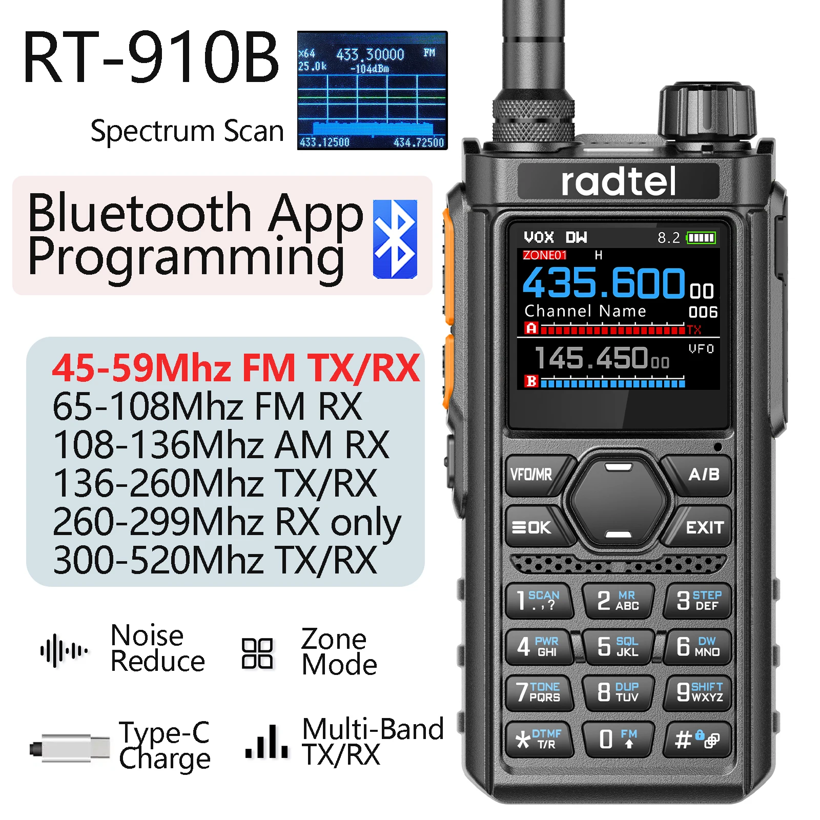 Radtel RT-910B Программирование приложения Bluetooth 5 Вт 6 м Рация 45–59 МГц TX/RX, 960 каналов, AM/FM, воздушный диапазон, спектр C-типа