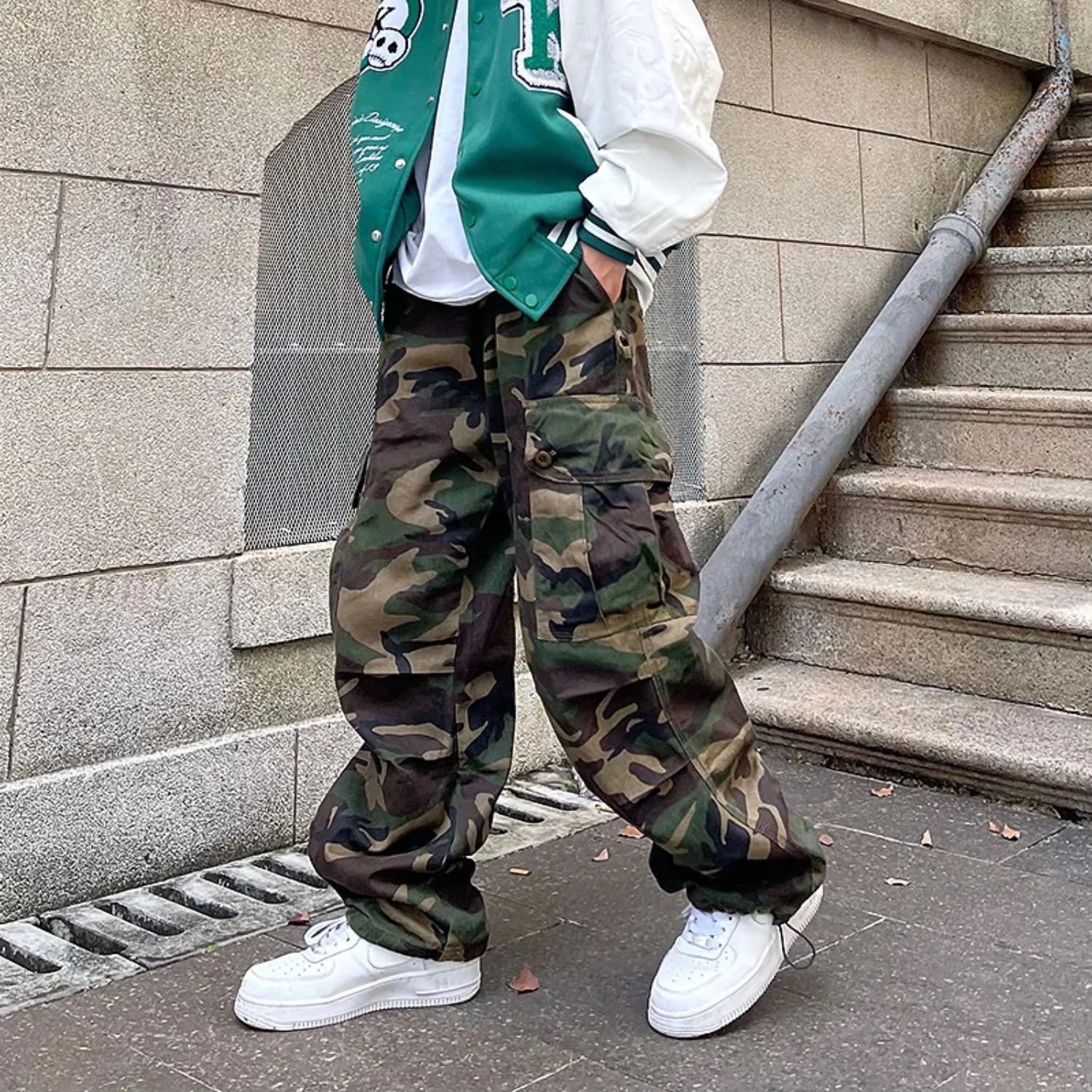 High Street Retro Hiphop Pants Baggy Camouflage Cargo Pants Men's Straight Skateboard Street Dance Jogger Pants Trendy Tie Foot