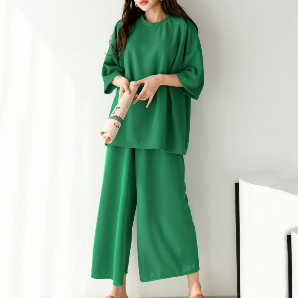 

Women T-shirt Pants Set Solid Color T-shirt Pants Set for Outfit Lounge Wear with O-neck Half Sleeve High Waist Wide Leg