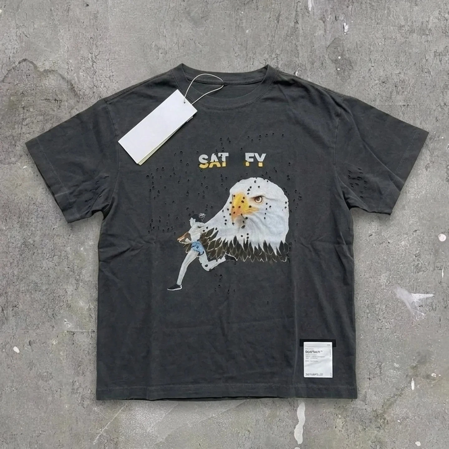 2026 New Satify Vintage Graphic High Street Vintage Portrait Eagle Print Destroy Short Sleeve T-Shirt
