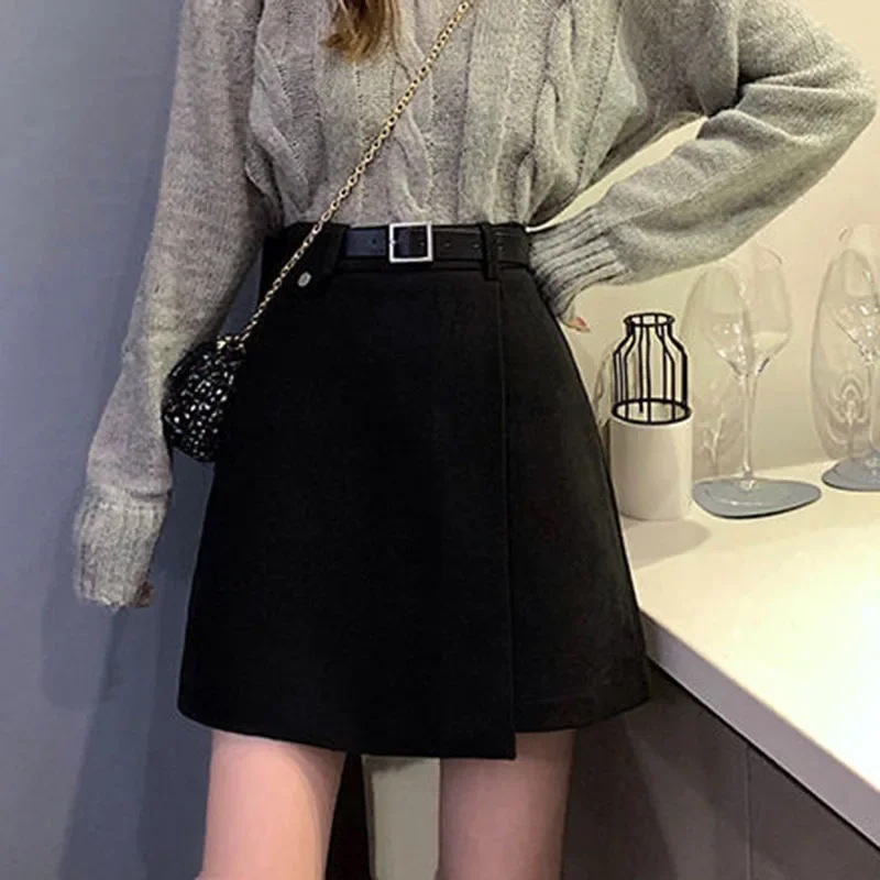 Autumn Fashion Women Black A-Line Skirt Korean Style with Belt Mini Skirts Woman High Waist Double-Layer Streetwear Short Skirts