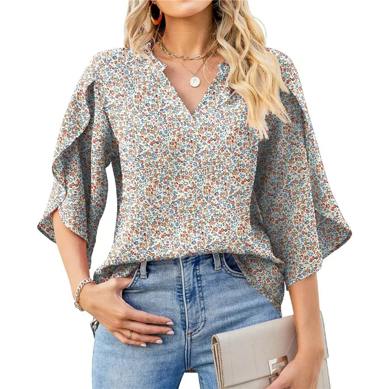 

A83F-3/4 Length Sleeve Women's Tops Loose V-Neck Petal Chiffon Print Shirt Business Work Blouses