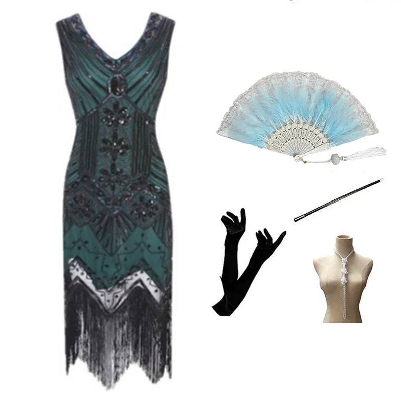 Retro 920s Gatsby Dance Par Evening Dr Doble V-ne Lentejuelas Borla Dr Mujer Faion Colección Primavera Poliéster
