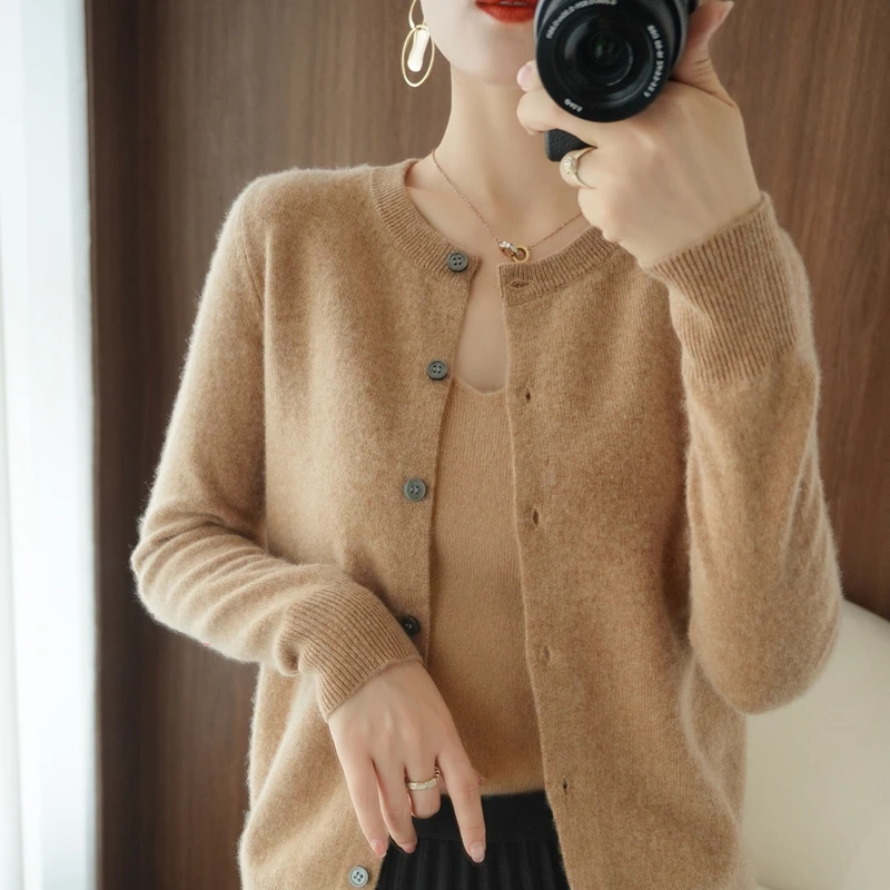 Hot Sale Autumn Women Sweater O-Neck Long Sleeve Basic Style Coats Female Cardigan Jacket 100% Wool Knitted Tops Jumper Clothing