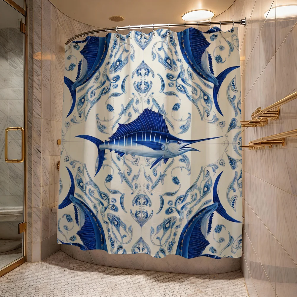 

Large Blue Fish Print Ocean Shower Curtain Waterproof Nautical Tropical Bathroom Decor Liner